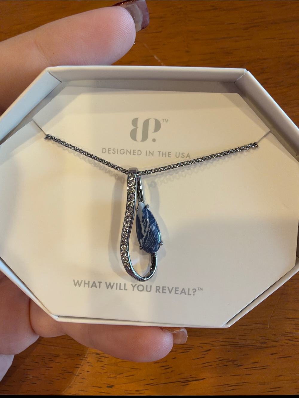 Silver-Tone Necklace with Blue Marbled Teardrop Pendant